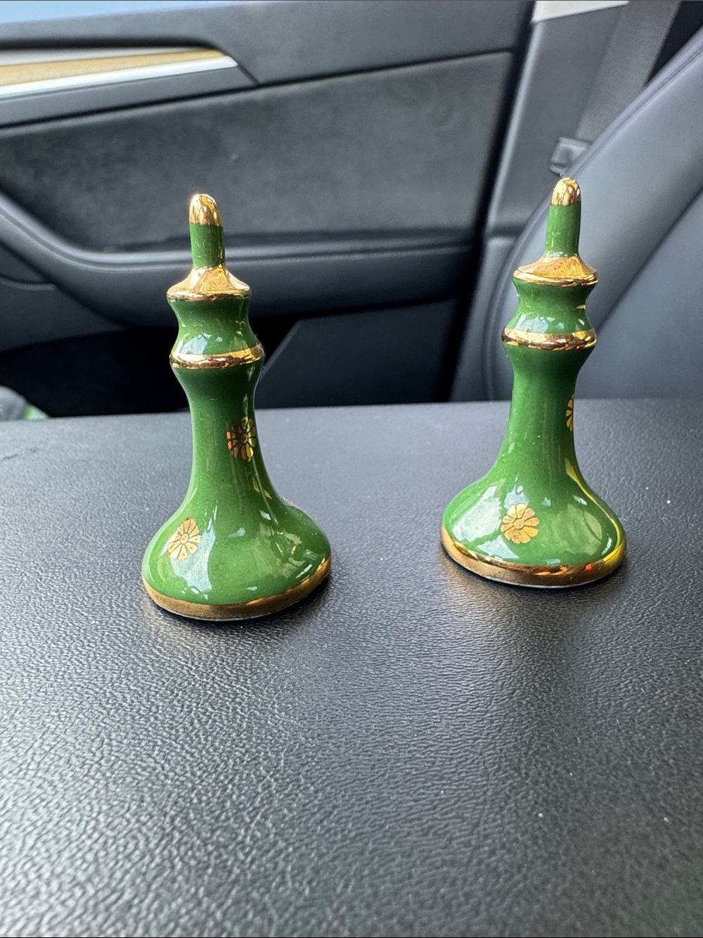 Limoges Porcelain Green Ceramic Decorative Finials with Gold Floral Accents